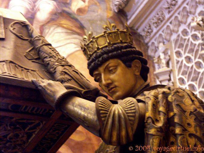 Detalle sobre el ataúd de un rey portador restos de Colón Cristóbal Colón, la Catedral de Sevilla - España