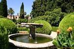 Topiary y fuente en el jardín, Sevilla Alcázar, España.
