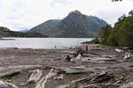 Lago, trozos de madera y la montaña Circuito Chico, Bariloche, Argentina.