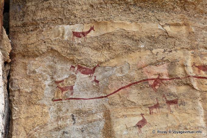 Animales Fresco realizan en óxido de hierro, pintura rupestre Tehuelche, Walichu - Argentina