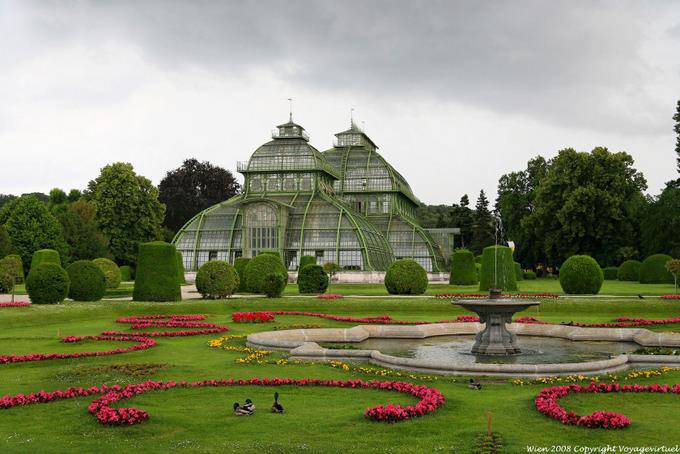 Topiary, fuente y Palm House, Schönbrunn Palmenhaus - Viena - Austria