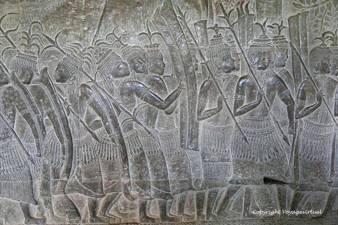 Spears y tocados para la soldadesca desfile, fresco, Angkor Wat, Angkor, Camboya