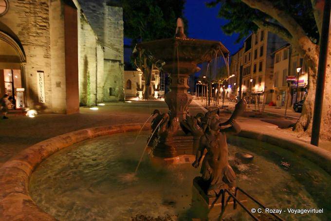 Fuente vista nocturna en Aviñón calle, Provence, Francia