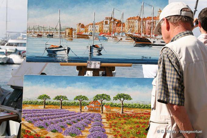 Saint-Tropez, exposición de pinturas en el puerto, Provence, Francia