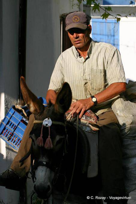 Lassithi, otra vista del hombre montado en un burro - Creta, Grecia