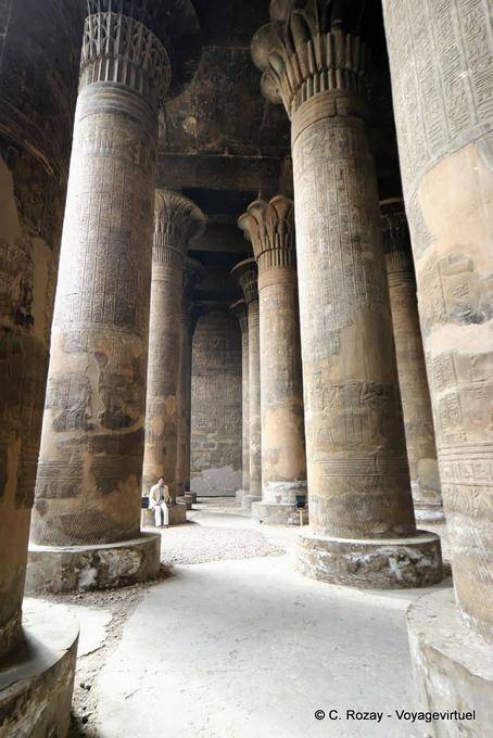 Cuatro hileras de seis columnas de 12 metros de altura que apoyan la sala hipóstila, templo de Khnum, Esna - Egipto