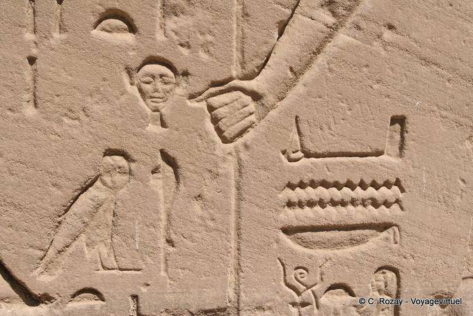 De cerca los detalles de un alivio, cabeza, búho y de la mano Templo de Karnak - Egipto