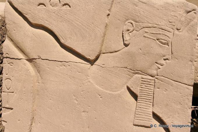 Perfil faraón con barba postiza y una corona Deshret, Karnak - Egipto