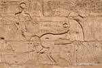 Faraón fresco al volante de su carro, templo de Karnak, Egipto.