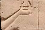 Mano que sostiene un fragmento alivio ofrenda, el templo de Karnak, Egipto.