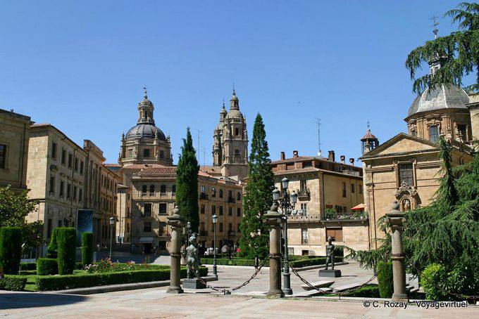 Estatuas cara a cara, Anaya plaza, con vistas a la Iglesia de la Clerecía de Salamanca - España