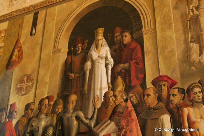 Fresco que representa la coronación de la reina Isabel la Católica, obra de Carlos Muñoz de Pablos, Hall de la galera, Alcázar, Segovia - España