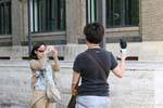 Foto de recuerdo japonesa con paloma, Zaragoza, España.