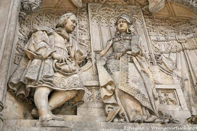 Cristóbal Colón y la reina Isabel, detalle del monumento a Colón, Plaza de Colón, Madrid - España