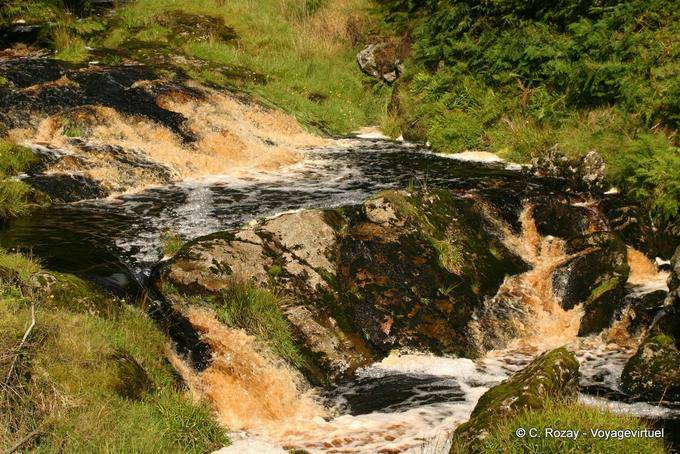 Agua de la secuencia con el color de Guiness, Cañadas de Antrim - Irlanda del Norte