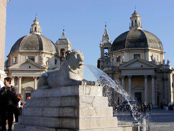 Fuente de León en frente de las cúpulas de Santa María de Montesanto y Santa Maria dei Miracoli, la Piazza del Popolo, Roma - Italia