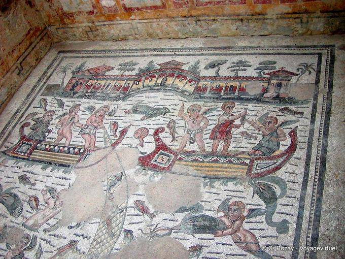 Niños pescadores de habitaciones, mosaico, Villa Casale - Italia