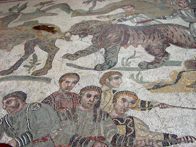 La gran cacería de tigres, fragmento de mosaico Villa Casale - Italia