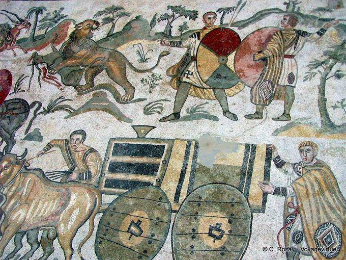 Escena de la gran cacería, mosaico de la Villa Romana del Casale - Italia