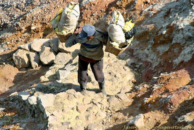 Los últimos metros del ascenso del cráter, un portador con botas, Kawa Ijen, Java - Indonesia