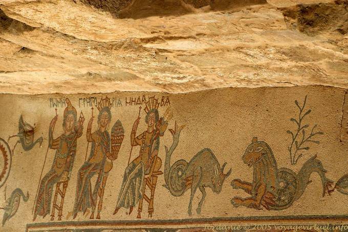 Madaba, los caracteres con lanza y animales míticos, mosaico - Jordania