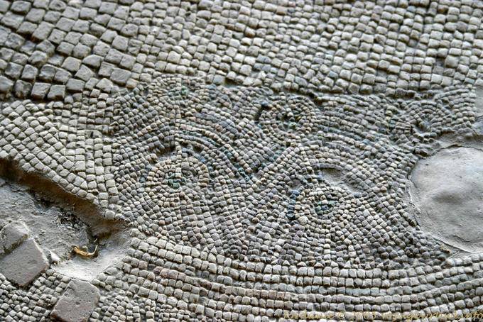 Detalle del antiguo mosaico que adorna el suelo de la iglesia del siglo VI Madaba - Jordania