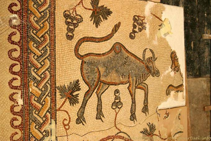 Cebú viendo un león, mosaico en el santuario Kirbet Mukkayat, el Monte Nebo - Jordania