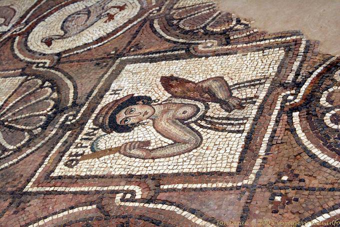 La mujer en el mosaico de los peces de la iglesia bizantina de Petra - Jordania