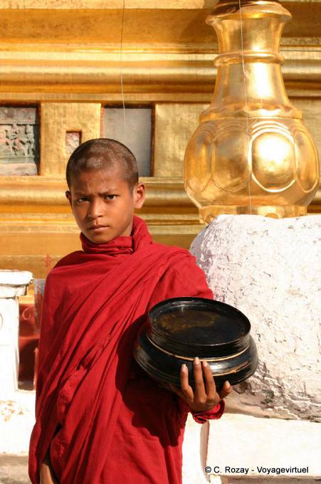 Monje joven con un tazón de ofrenda, Shwezigon, Bagan - Myanmar (Birmania)
