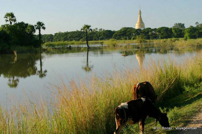 Reflexiones estupa y la pagoda Ławka Tharahpu, Ava, Mandalay - Myanmar (Birmania)