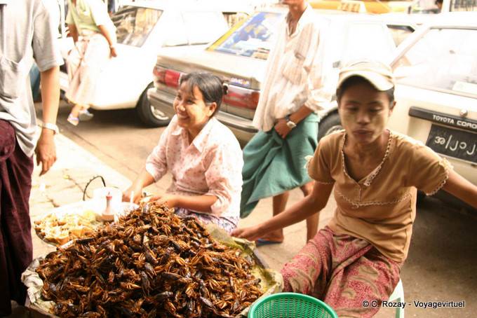 Plato de cigalas a la plancha en una calle, Rangún - Myanmar (Birmania)