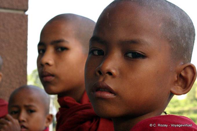 Retrato de graves monjes jóvenes Rangún - Myanmar (Birmania)