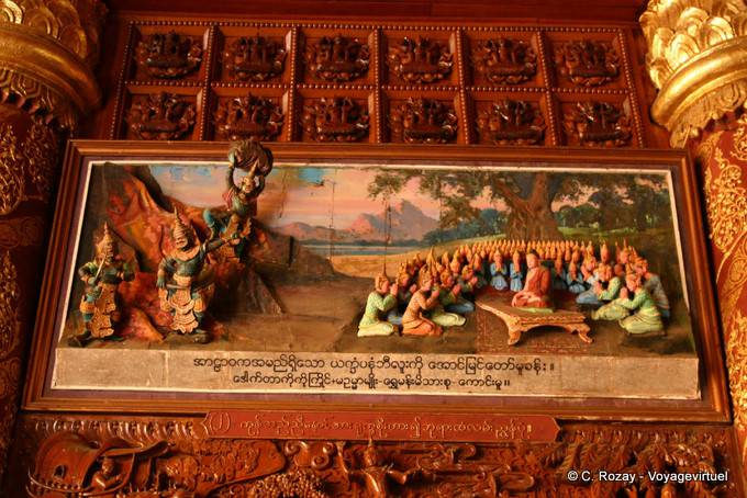 Tabla que muestra un extracto de la vida de Buda, la pagoda de Shwedagon, Rangún - Myanmar (Birmania)