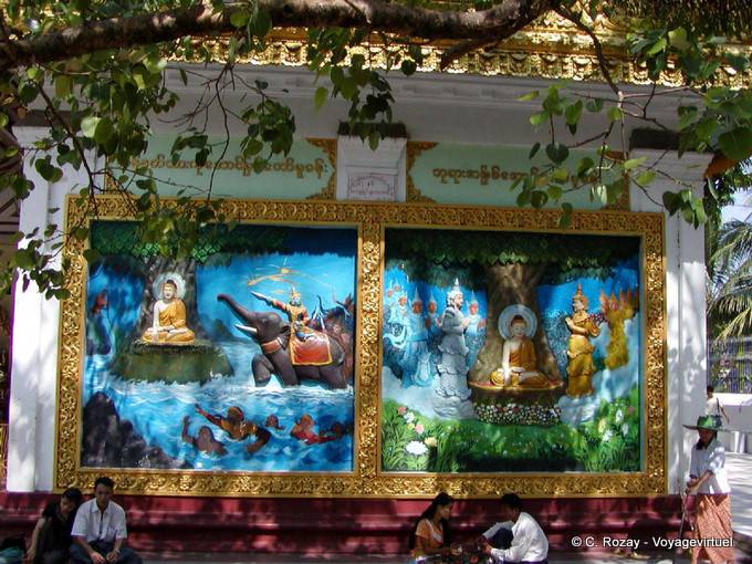 Mural Alivio que representa escenas de la vida de Buda, la pagoda de Shwedagon, Rangún - Myanmar (Birmania)