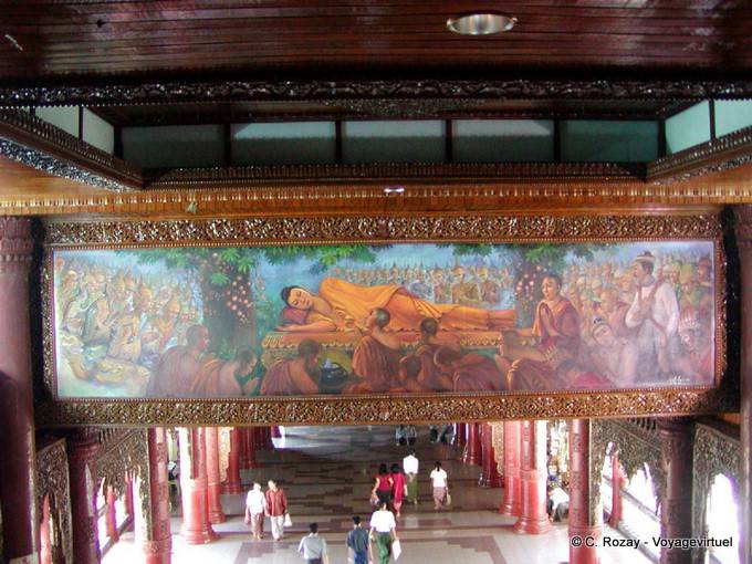 Mural pintado en una fila de entrada de Shwedagon Pagoda, Yangon - Myanmar (Birmania)