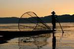 Lago Inle, la trampa cónica en el barco Pescador Intha, Birmania.