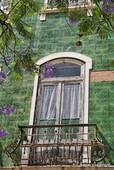 Lagos, fachada balcón cerámica verde, Portugal.