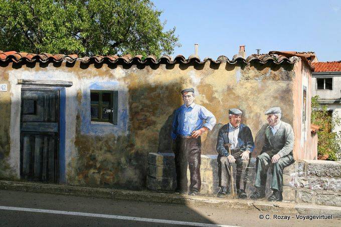 Fonni, los ancianos están charlando, mural - Cerdena