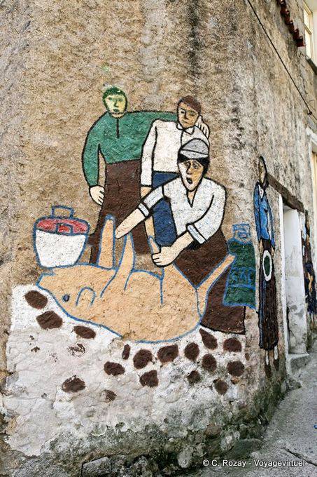 Orgosolo, matar el cerdo, pintura ingenua de la Via Tiziano - Cerdena