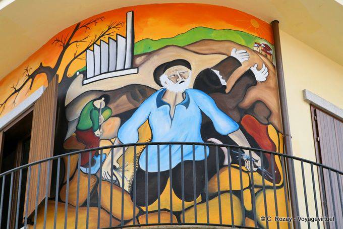 Orgosolo, desesperación durante la sequía, el fresco de la Biblioteca Comunale - Cerdena