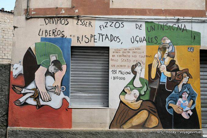 Orgosolo, esquila de ovejas y la familia, Murales - Cerdena