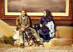 Sennariolo, la pareja y el perro esperando debajo de la mesa, pintura mural, Cerdena.