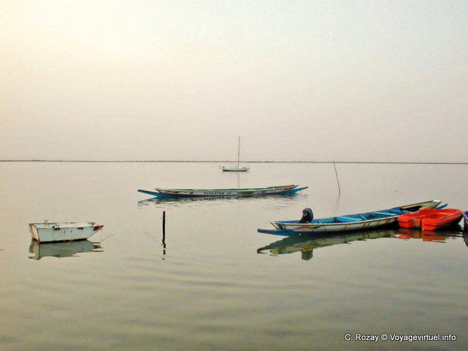 Barcos que se reclinan sobre el río calmaron, Sine-Saloum - Senegal