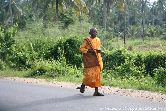 Antiguo monje budista caminando por la carretera, Kurunegala - Ceilan Sri Lanka