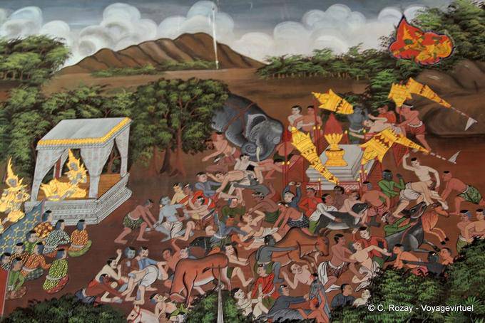 Tabla escena de lucha y el pillaje, Wat Choeng Phanan, Ayutthaya - Tailandia