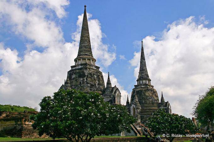Chedis delanteros Frangipani, Ayutthaya, Wat Phra Sri Samp - Tailandia
