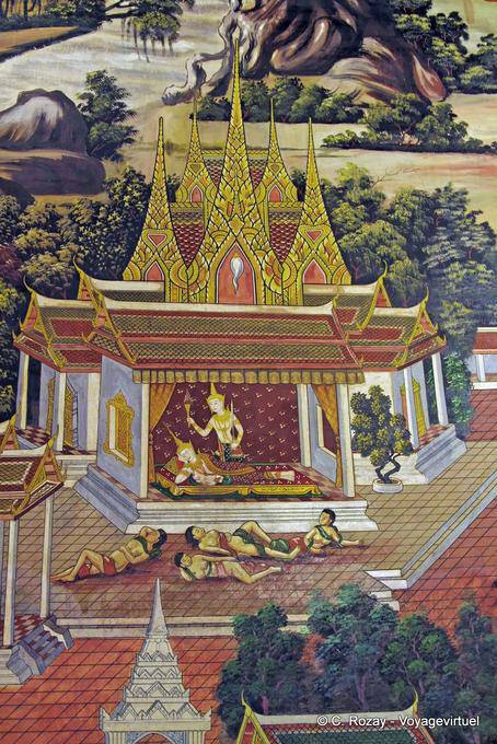 La vida real de la etapa, mural, Wat Phra Si Rattana Mahathat, Phitsanulok - Tailandia