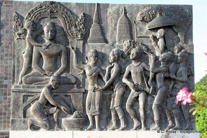 Bajorrelieve, música de fiesta, el rey Ramkhamhaeng Monumento, Sukhothai - Tailandia