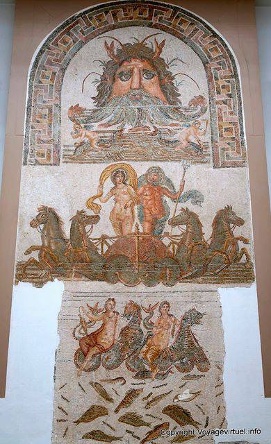 Bigote Neptuno y su carro, mosaico, Museo Nacional de Bardom - Túnez